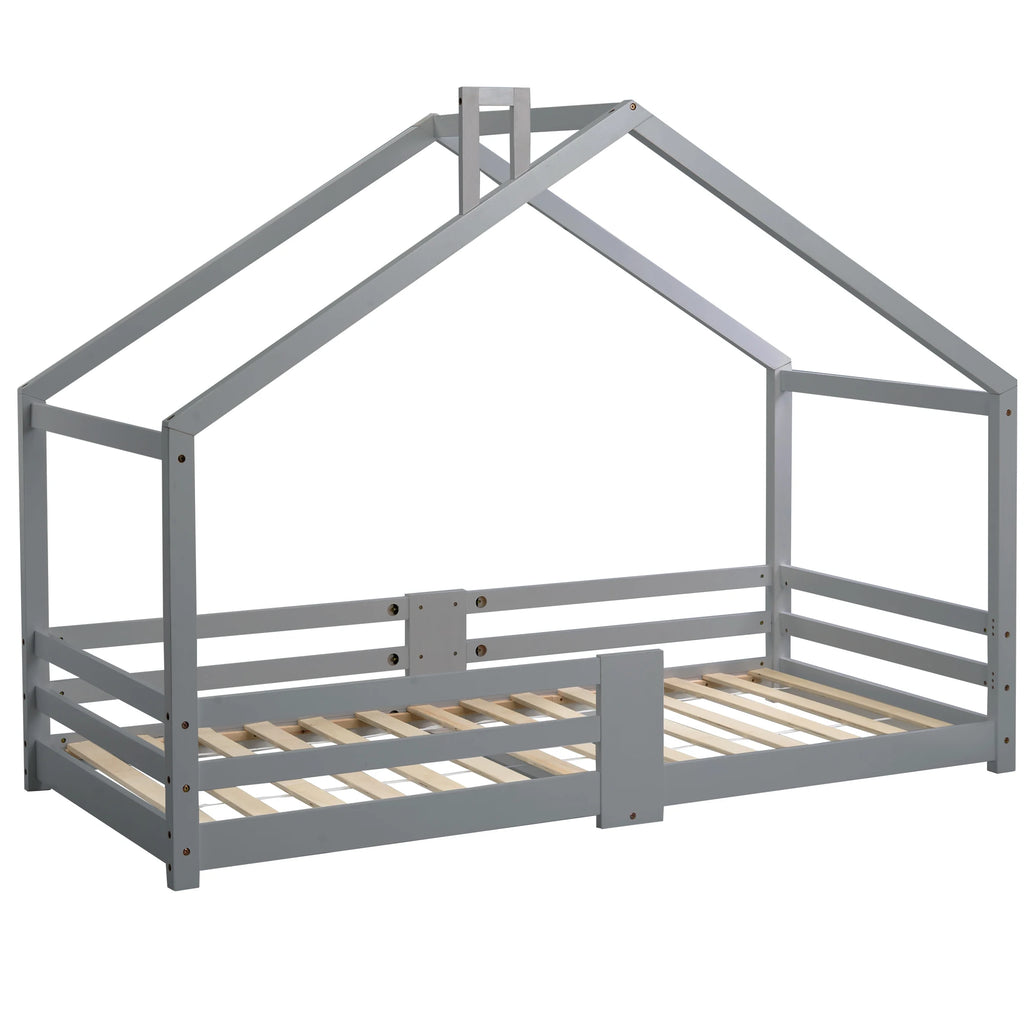 Hausbett in Grau mit Kamin aus Kiefer 90x200 Lilla Kids