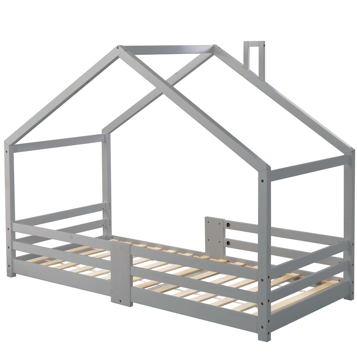 Hausbett in Grau mit Kamin aus Kiefer 90x200 Lilla Kids