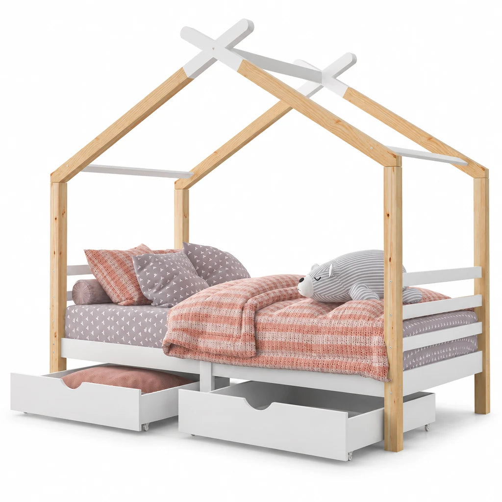 Hausbett in Weiß mit Schubladen und Regal 90x200 Lilla Kids