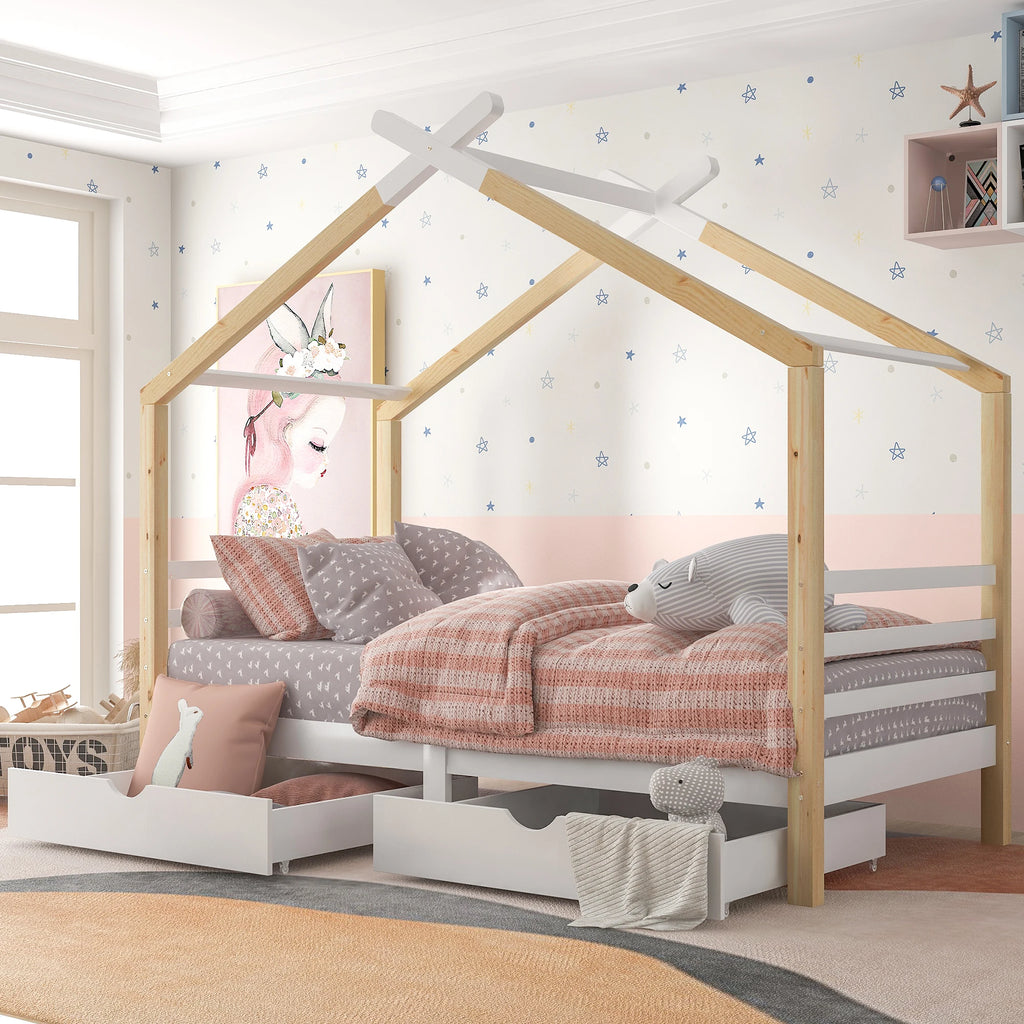 Hausbett in Weiß mit Schubladen und Regal 90x200 Lilla Kids
