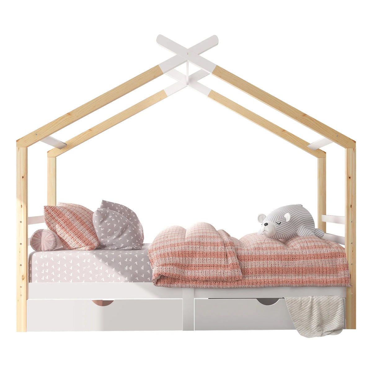Hausbett in Weiß mit Schubladen und Regal 90x200 Lilla Kids