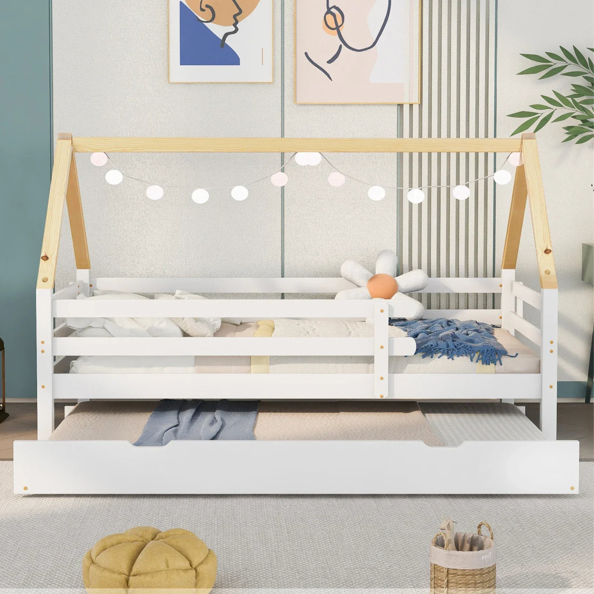 Hausbett mit Ausziehbett in Weiß und Natur Lilla Kids