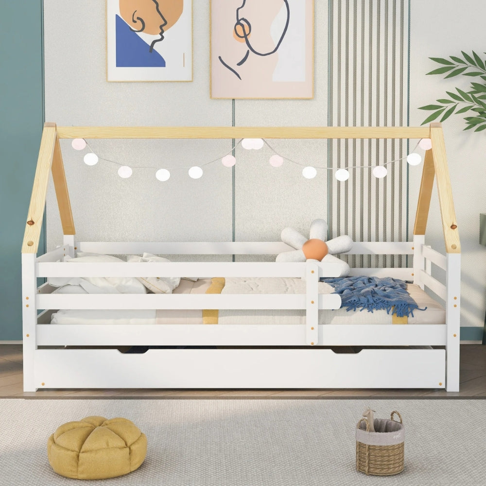 Hausbett mit Ausziehbett in Weiß und Natur Lilla Kids