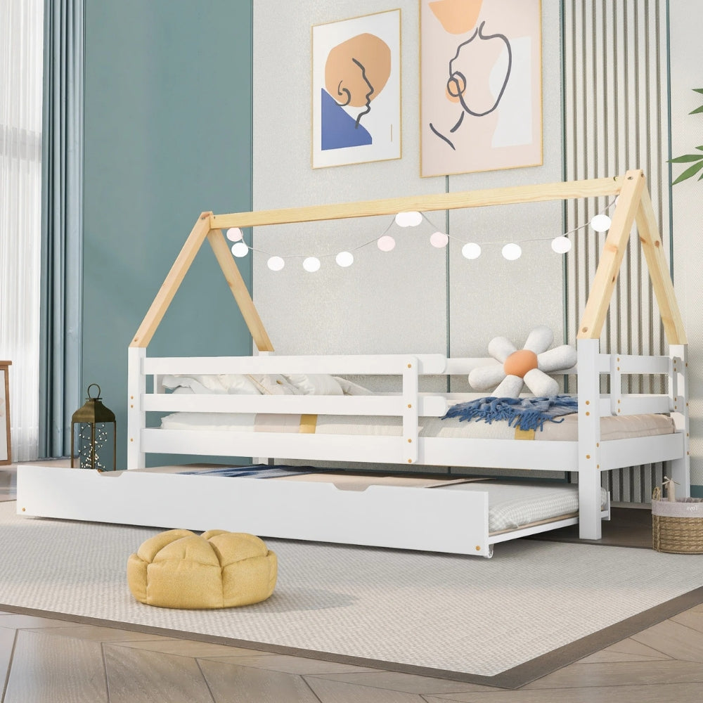 Hausbett mit Ausziehbett in Weiß und Natur Lilla Kids