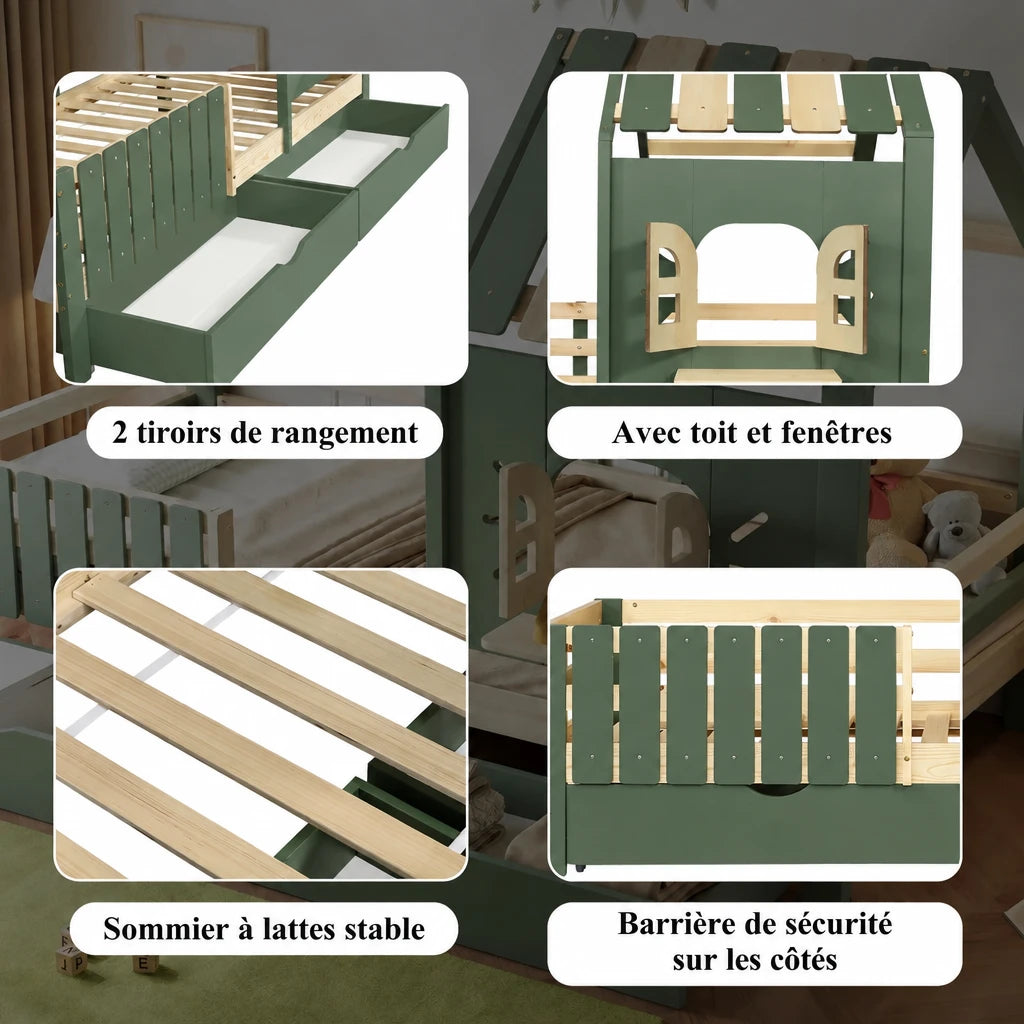 Hausbett mit Dach, Fenster, Bank und 2 Schubladen 90x200 Lilla Kids