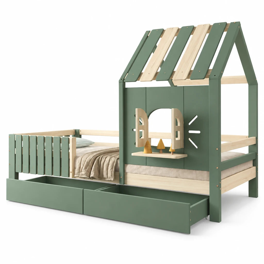 Hausbett mit Dach, Fenster, Bank und 2 Schubladen 90x200 Lilla Kids