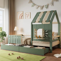Hausbett mit Dach, Fenster, Bank und 2 Schubladen 90x200 Lilla Kids