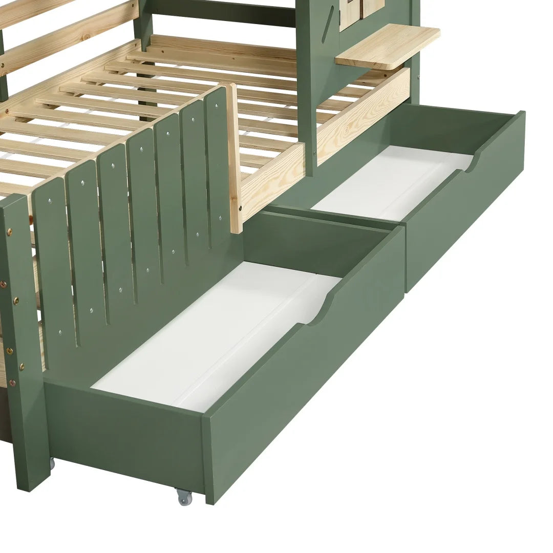Hausbett mit Dach, Fenster, Bank und 2 Schubladen 90x200 Lilla Kids