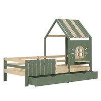 Hausbett mit Dach, Fenster, Bank und 2 Schubladen 90x200 Lilla Kids