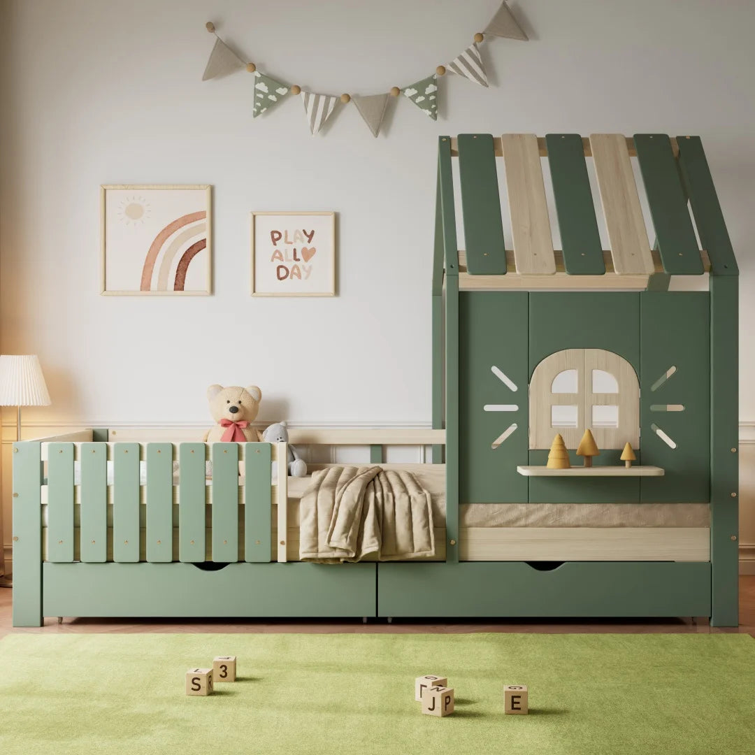 Hausbett mit Dach, Fenster, Bank und 2 Schubladen 90x200 Lilla Kids