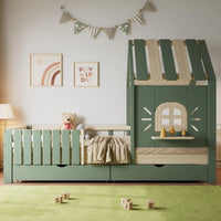 Hausbett mit Dach, Fenster, Bank und 2 Schubladen 90x200 Lilla Kids