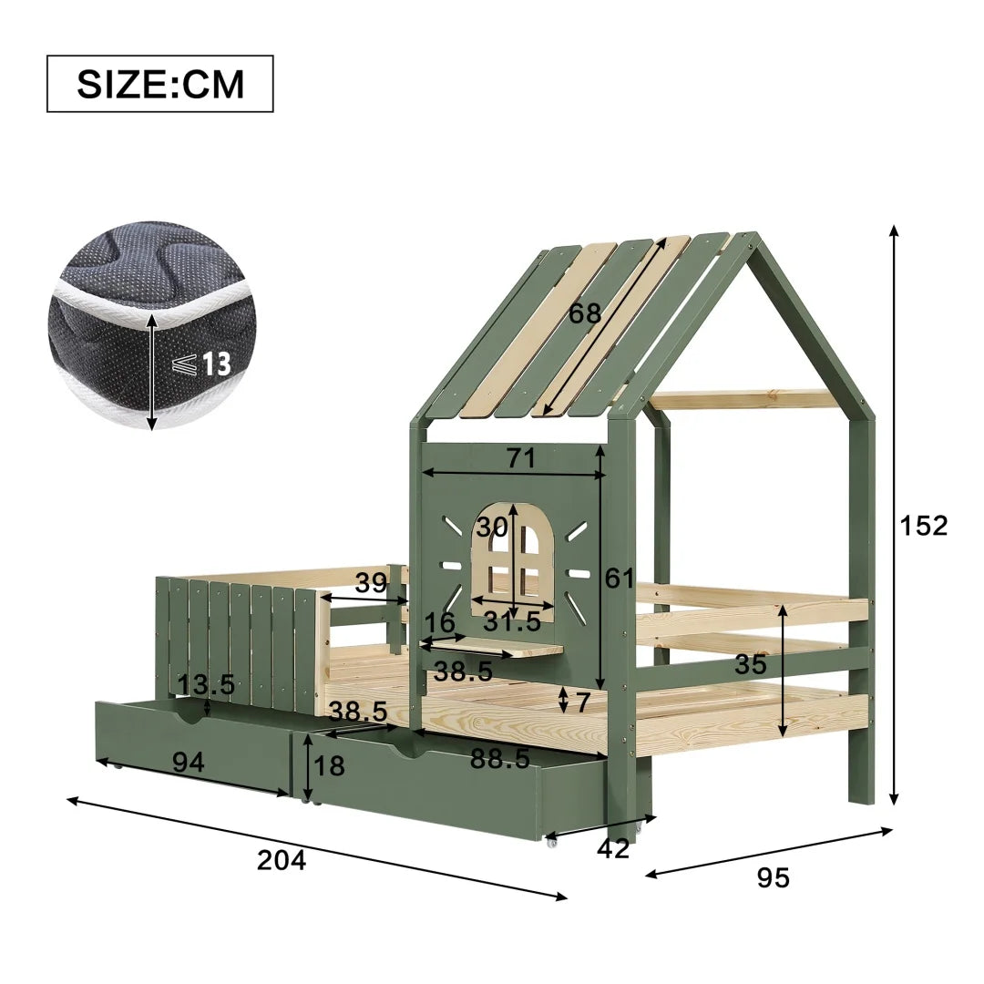 Hausbett mit Dach, Fenster, Bank und 2 Schubladen 90x200 Lilla Kids