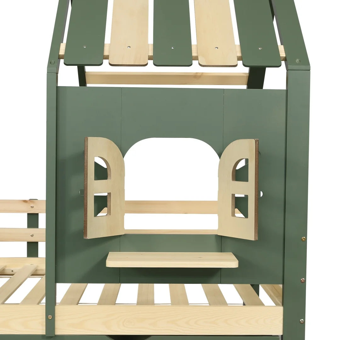 Hausbett mit Dach, Fenster, Bank und 2 Schubladen 90x200 Lilla Kids