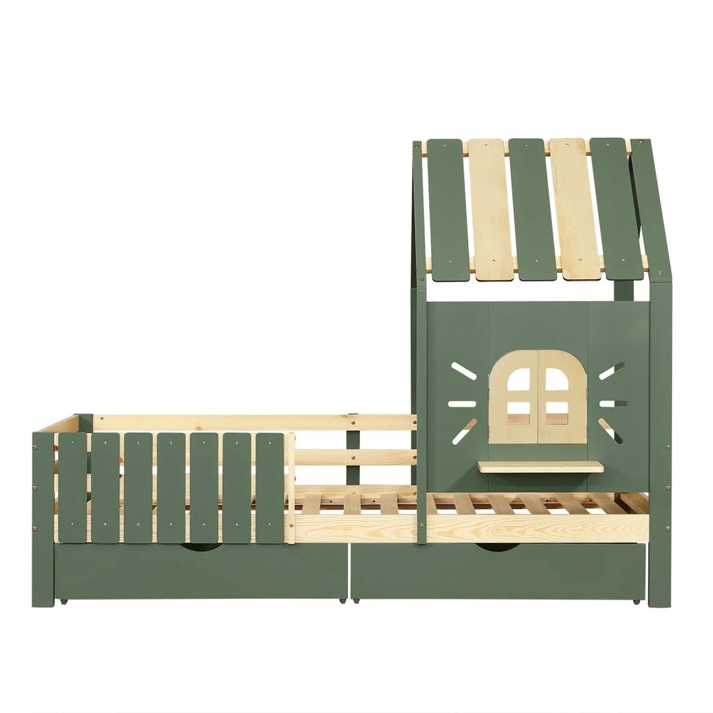 Hausbett mit Dach, Fenster, Bank und 2 Schubladen 90x200 Lilla Kids
