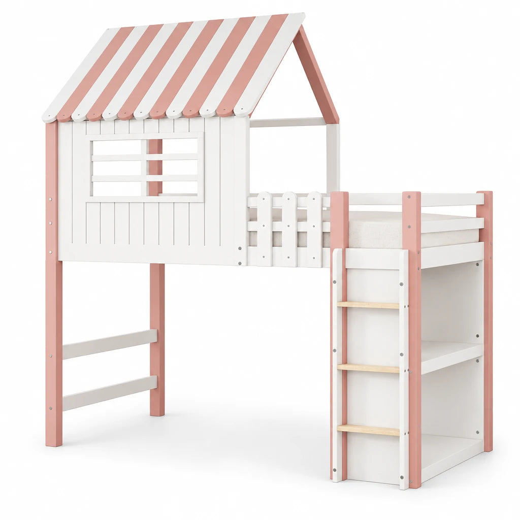 Hausbett mit Dach, hoch und niedrig nutzbar, mit Leiter Lilla Kids