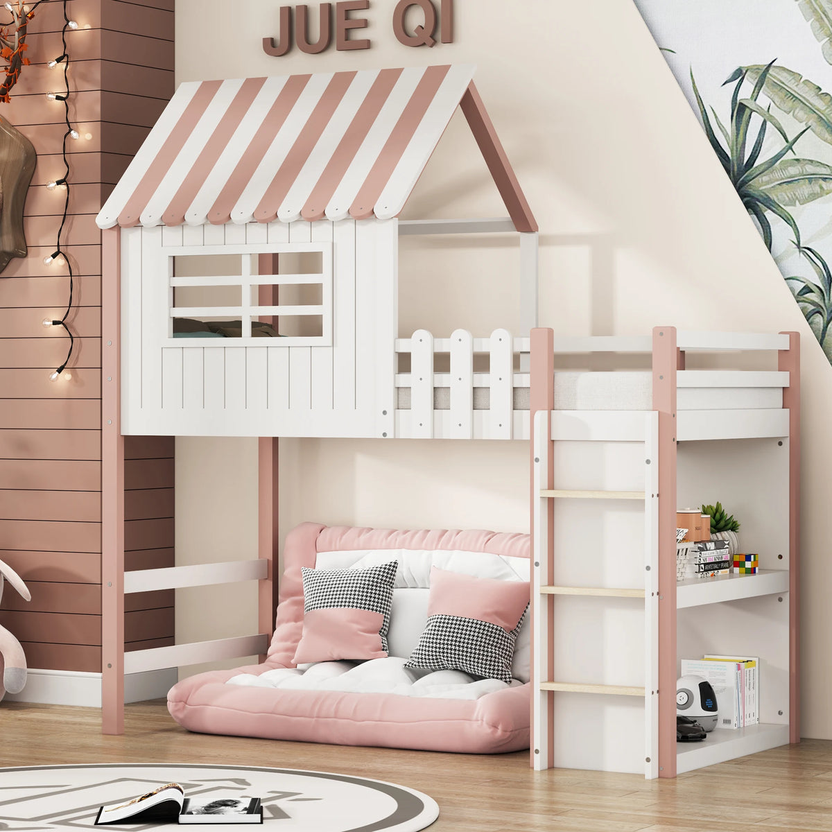 Hausbett mit Dach, hoch und niedrig nutzbar, mit Leiter Lilla Kids
