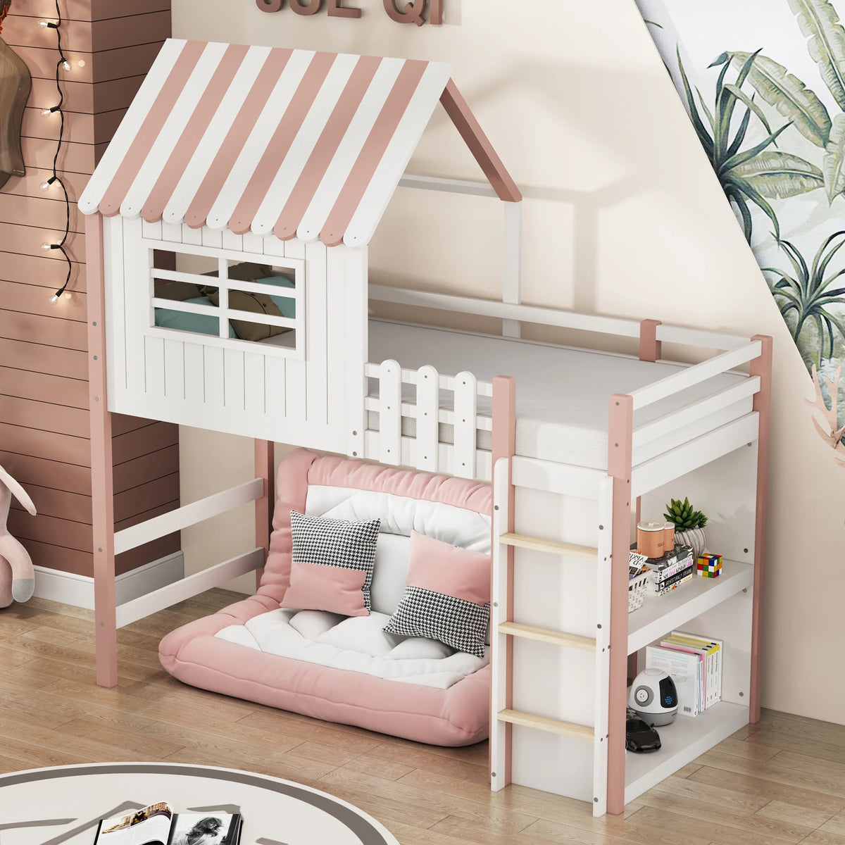 Hausbett mit Dach, hoch und niedrig nutzbar, mit Leiter Lilla Kids