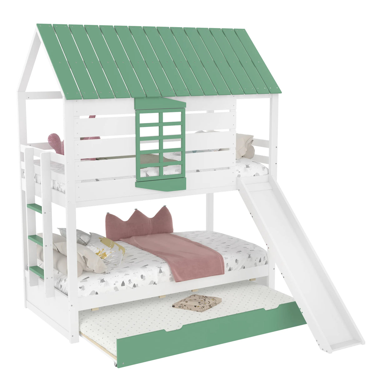 Hausbett mit Rutsche, Herzfenster und Ausziehbett Lilla Kids
