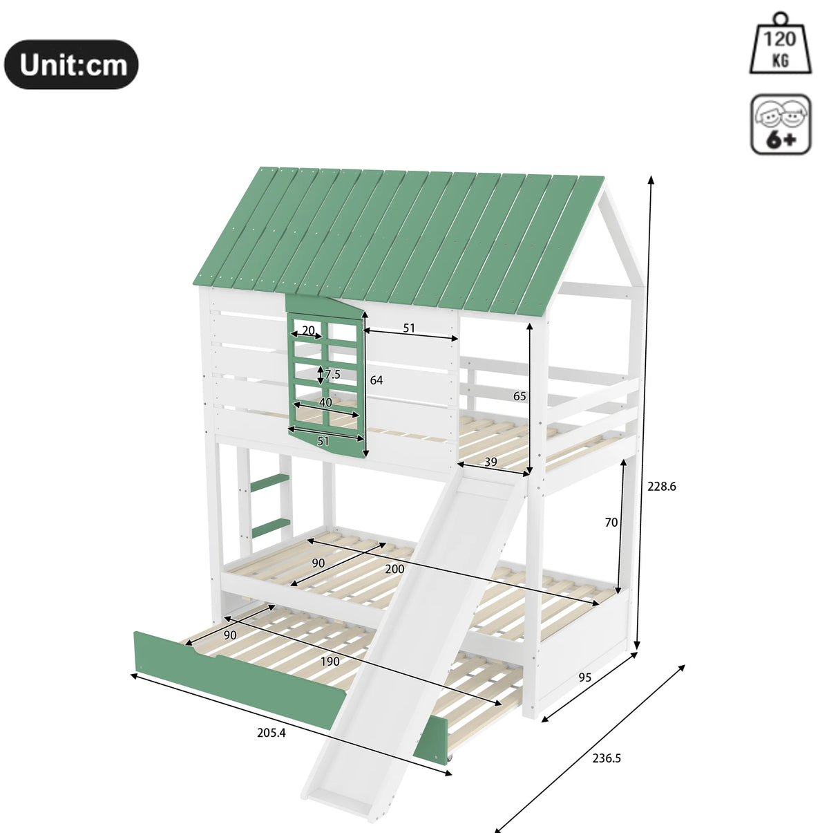 Hausbett mit Rutsche, Herzfenster und Ausziehbett Lilla Kids