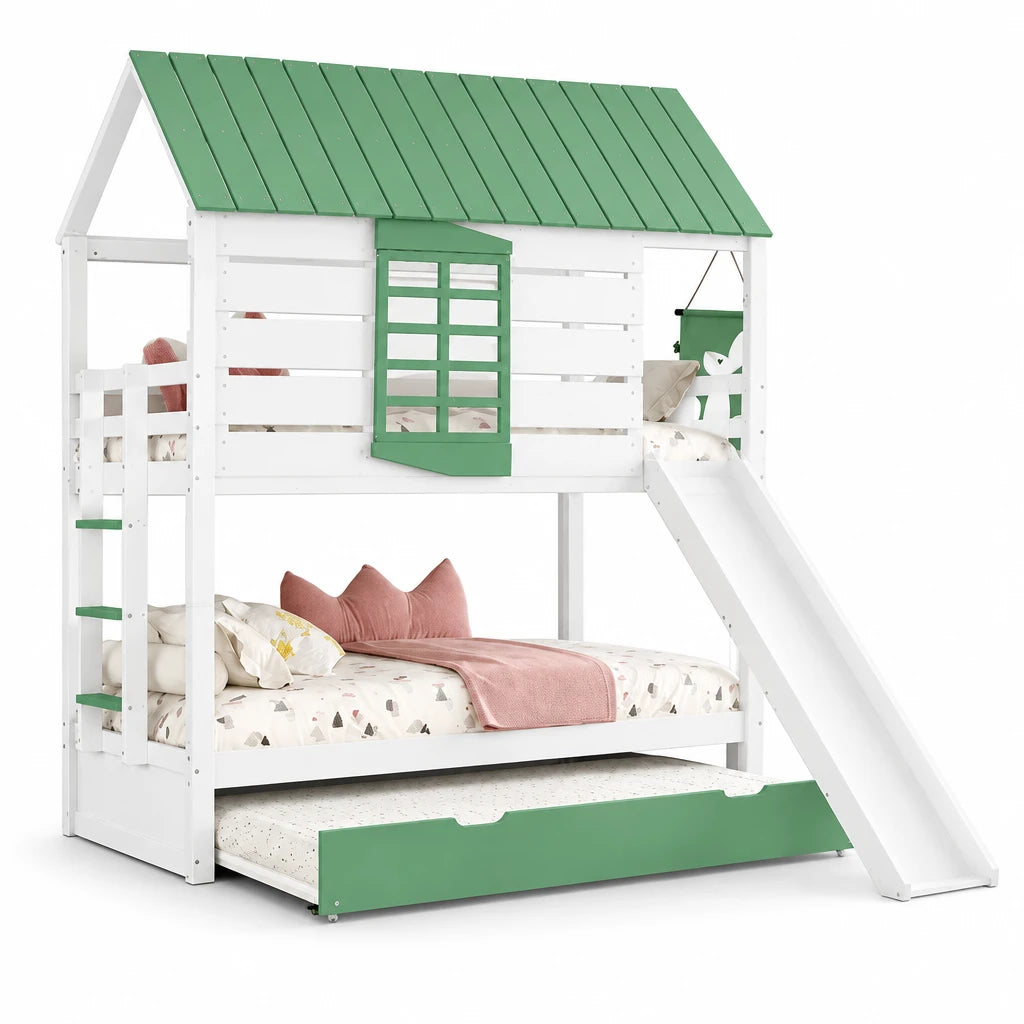 Hausbett mit Rutsche, Herzfenster und Ausziehbett Lilla Kids