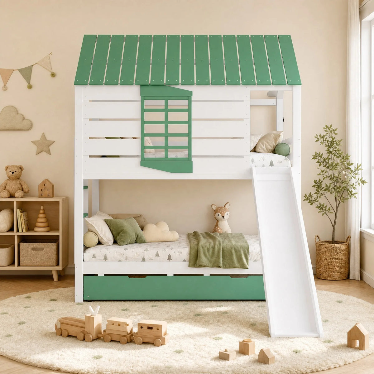 Hausbett mit Rutsche, Herzfenster und Ausziehbett Lilla Kids