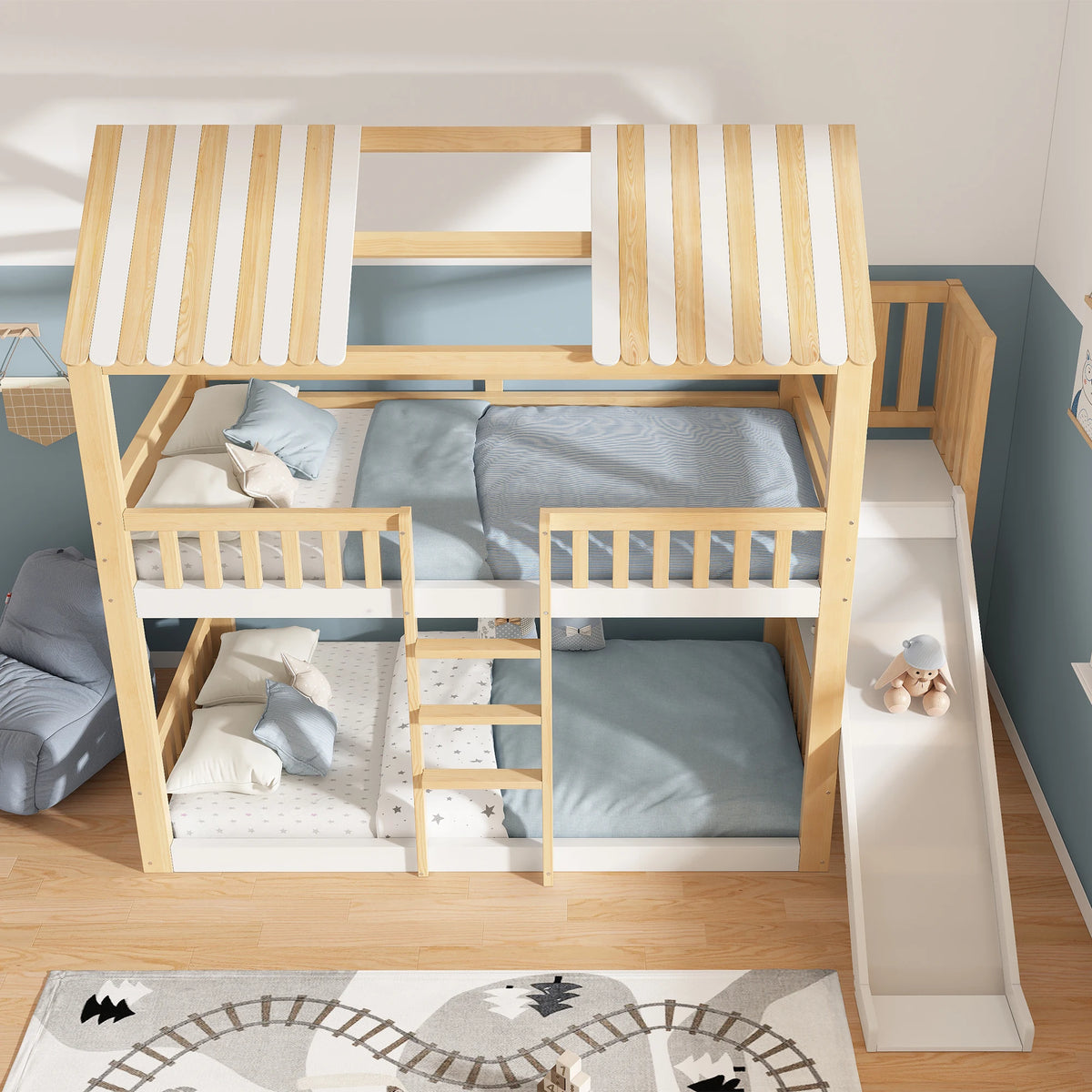 Hausbett mit Rutsche, Satteldach und Regal 90x200 Lilla Kids