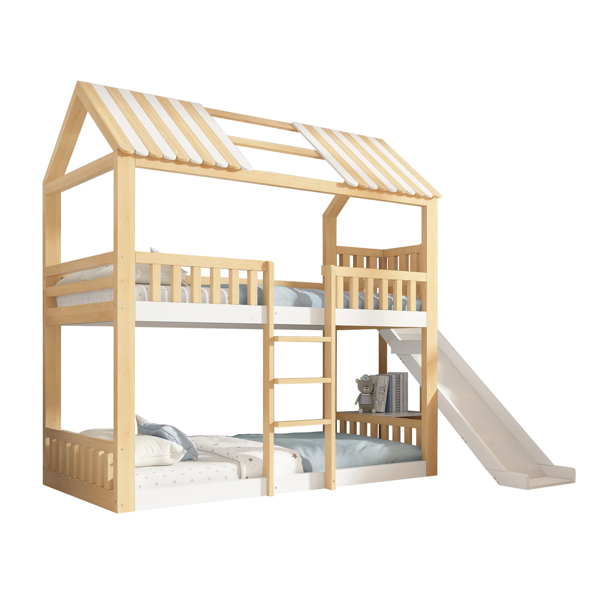 Hausbett mit Rutsche, Satteldach und Regal 90x200 Lilla Kids