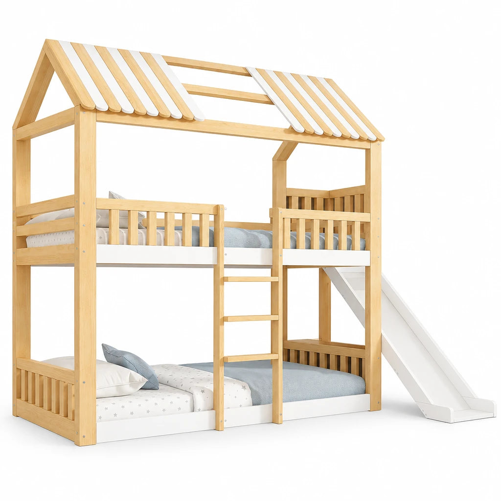 Hausbett mit Rutsche, Satteldach und Regal 90x200 Lilla Kids