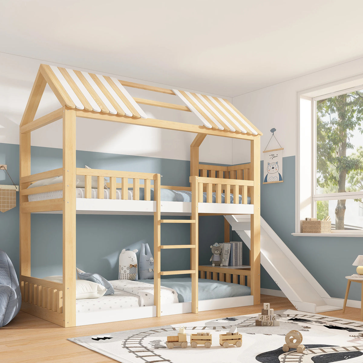 Hausbett mit Rutsche, Satteldach und Regal 90x200 Lilla Kids