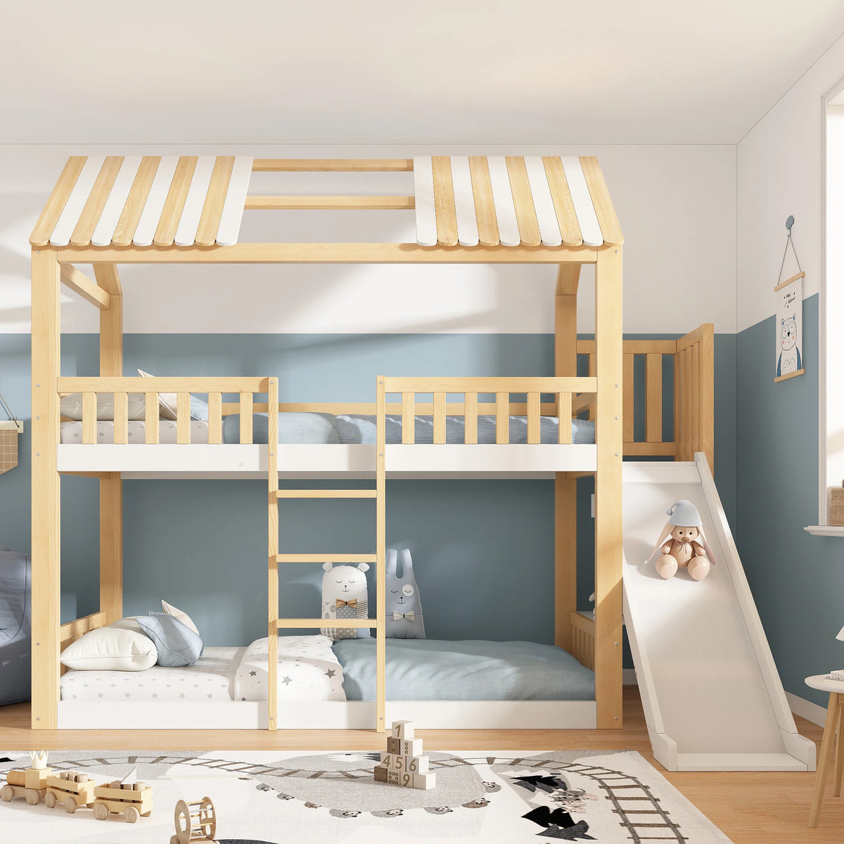 Hausbett mit Rutsche, Satteldach und Regal 90x200 Lilla Kids