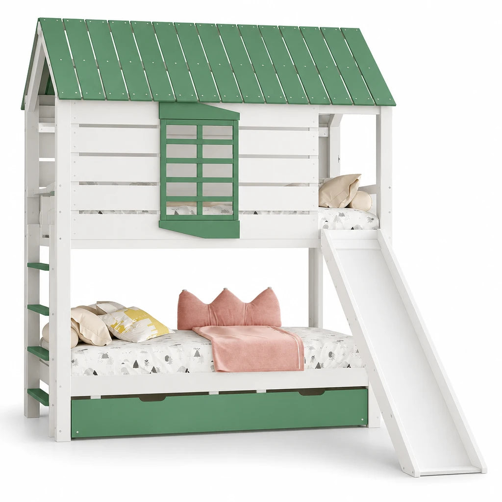 Hausbett mit Rutsche und Ausziehbett 90x200 Lilla Kids