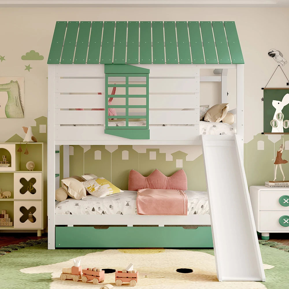 Hausbett mit Rutsche und Ausziehbett 90x200 Lilla Kids
