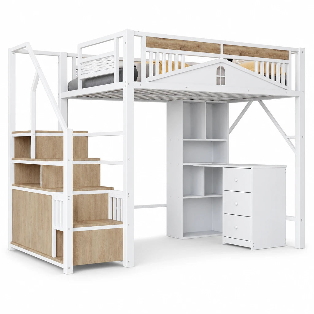 Hochbett aus Metall mit Fenster-Schutzgitter 140x200 Lilla Kids
