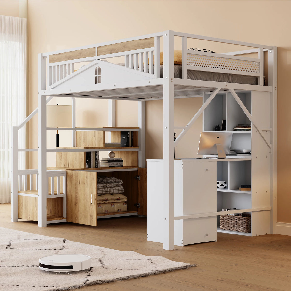 Hochbett aus Metall mit Fenster-Schutzgitter 140x200 Lilla Kids