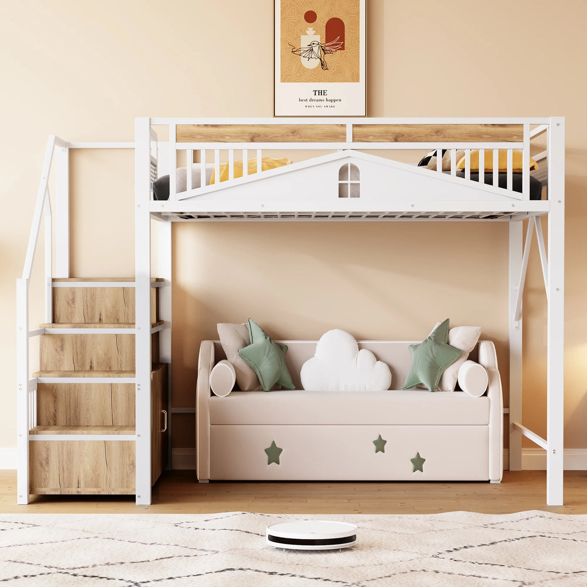 Hochbett aus Metall mit Fenster-Schutzgitter 140x200 Lilla Kids