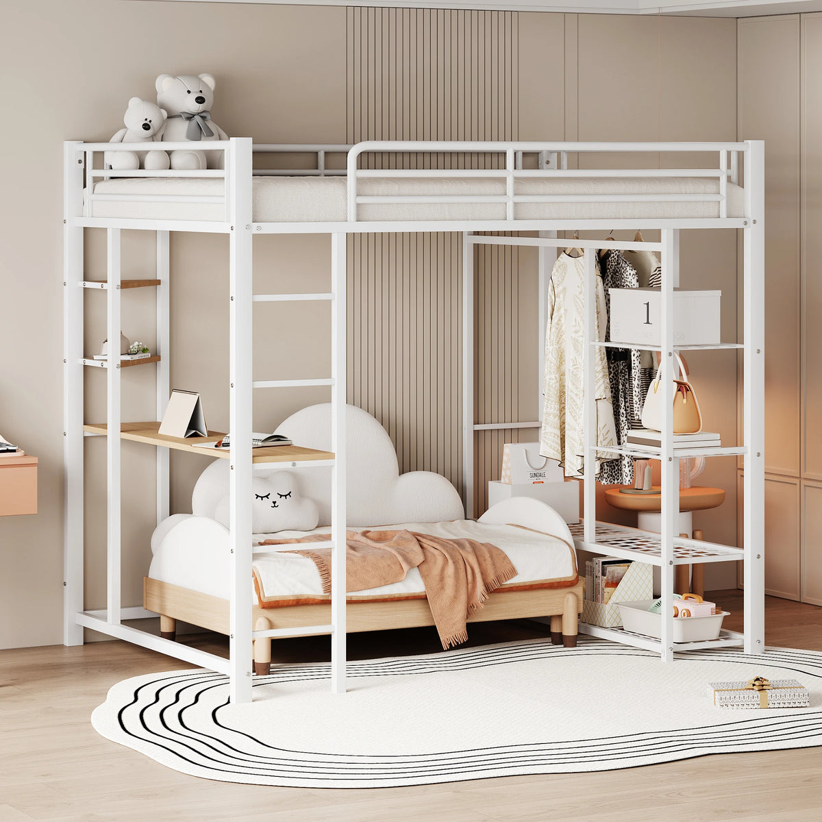 Hochbett aus Metall mit Schreibtisch und Kommode Lilla Kids