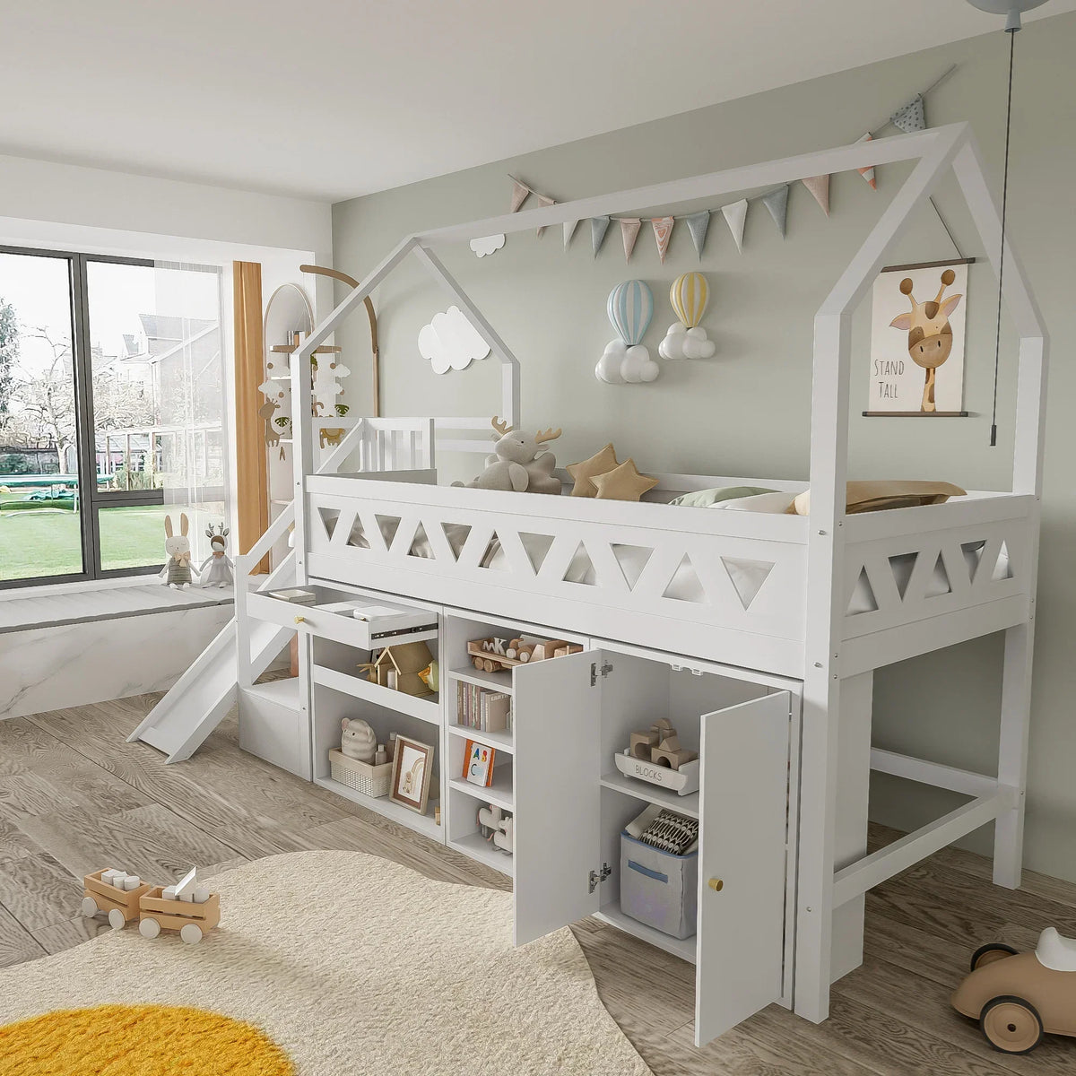 Hochbett-Hausbett mit Rutsche und Bücherregal Lilla Kids