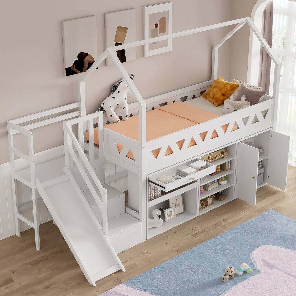 Hochbett-Hausbett mit Rutsche und Bücherregal Lilla Kids