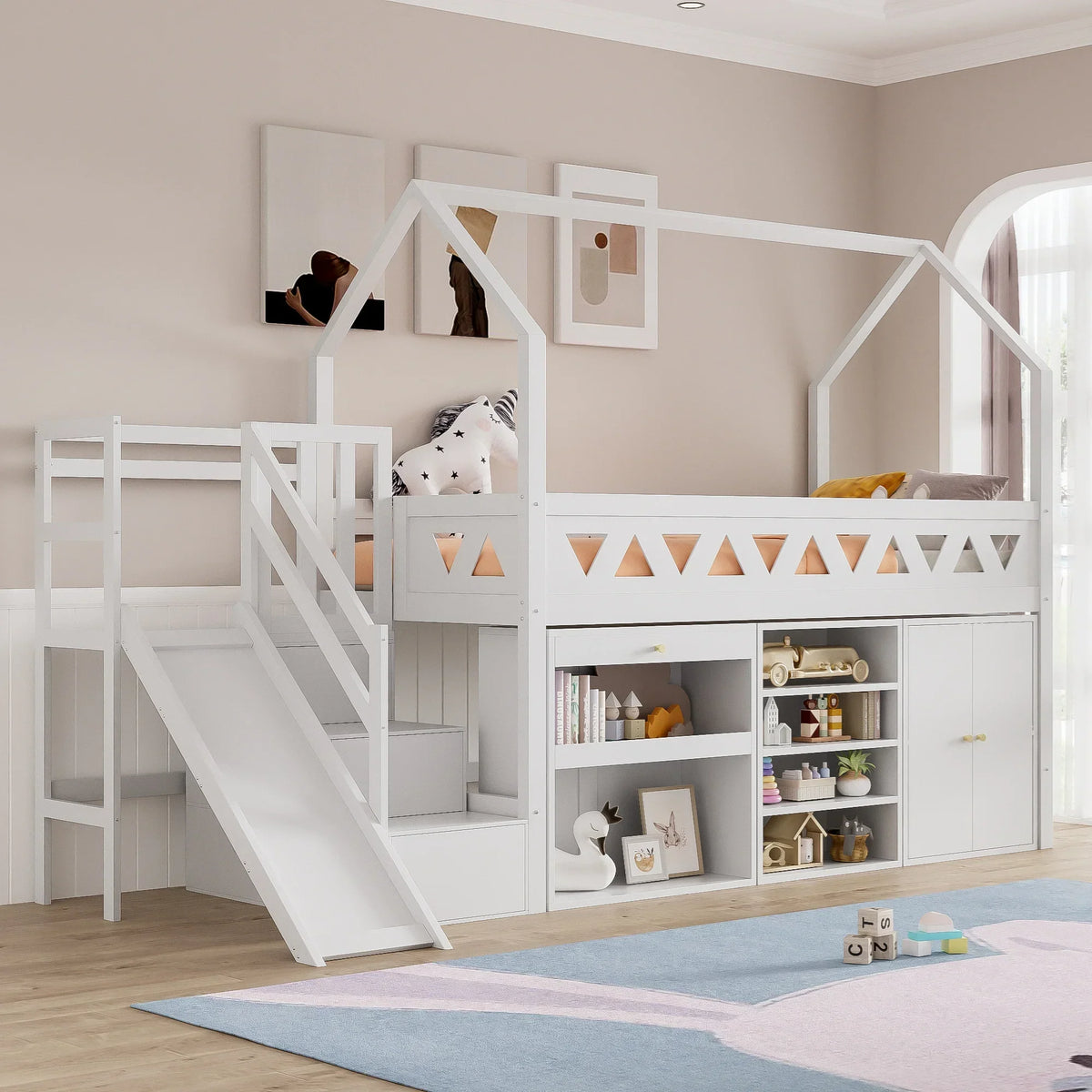 Hochbett-Hausbett mit Rutsche und Bücherregal Lilla Kids