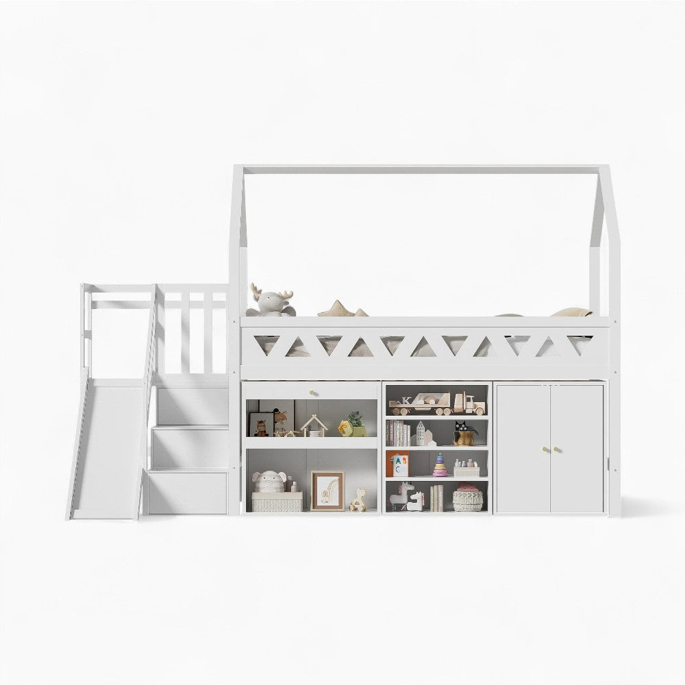 Hochbett-Hausbett mit Rutsche und Bücherregal Lilla Kids