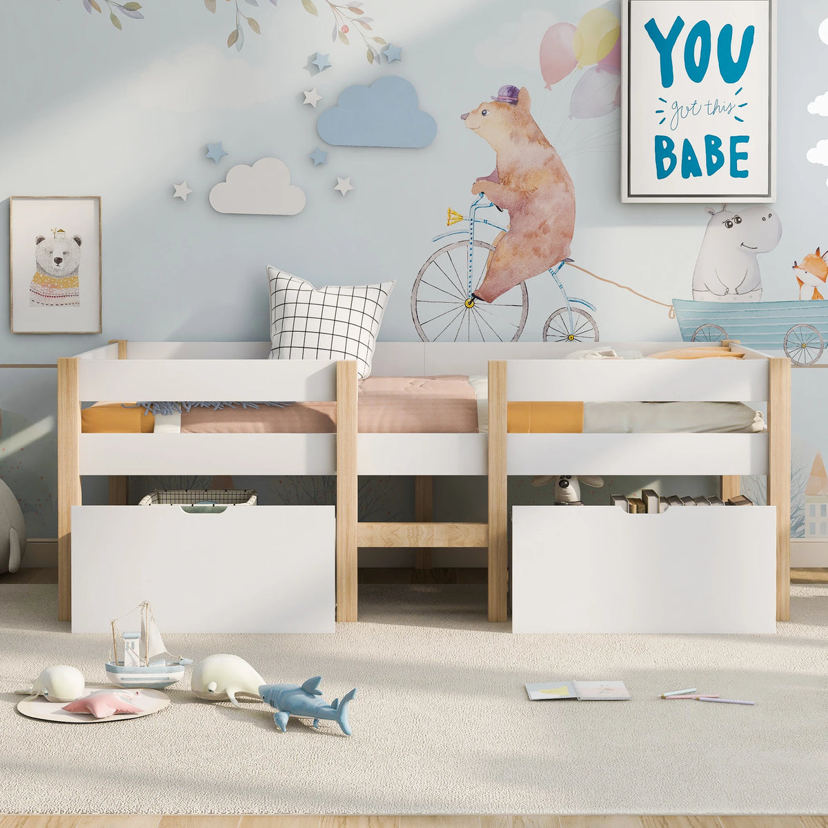 Hochbett in Weiß und Eichenoptik mit Schubladen 90x200 Lilla Kids