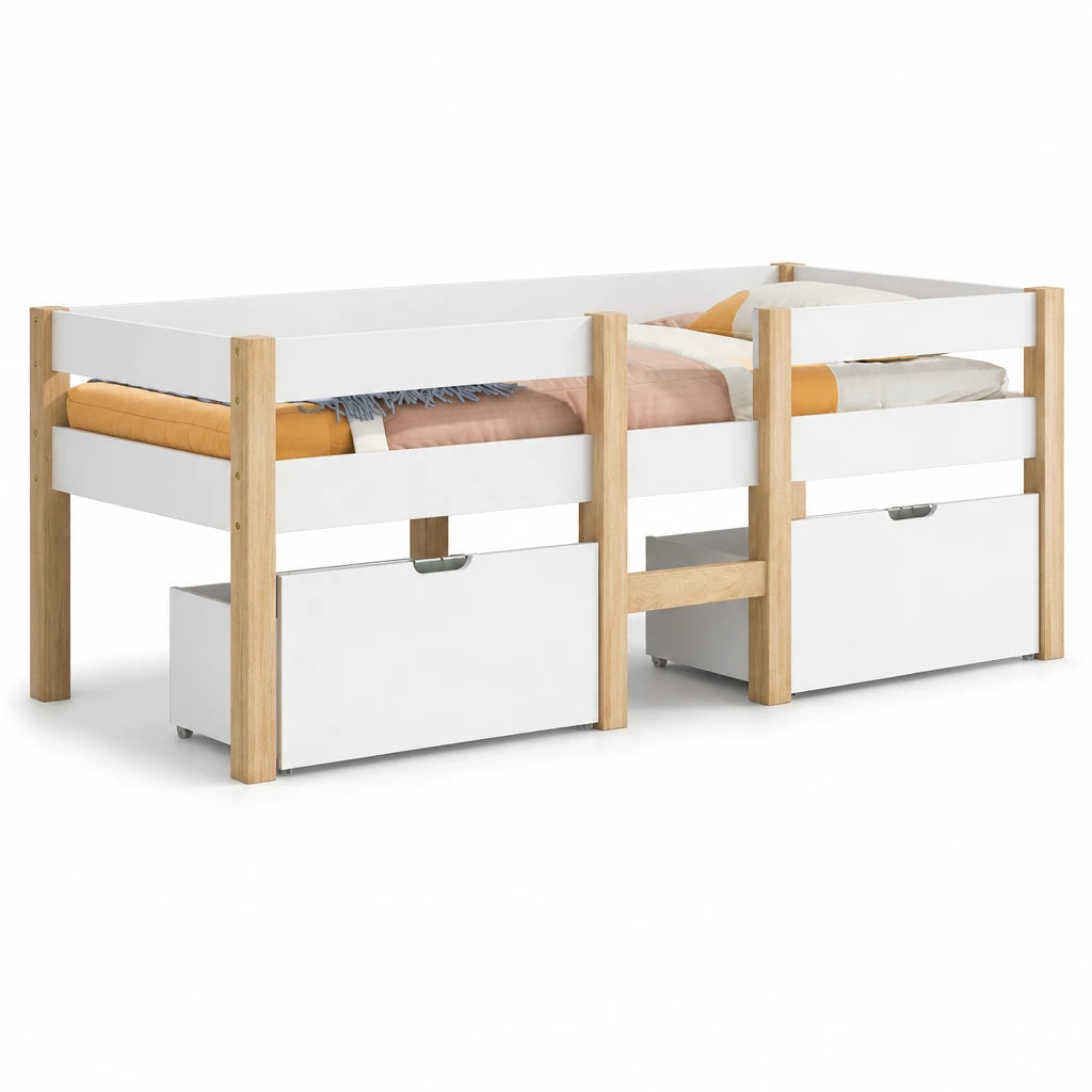 Hochbett in Weiß und Eichenoptik mit Schubladen 90x200 Lilla Kids