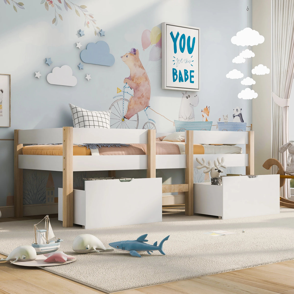 Hochbett in Weiß und Eichenoptik mit Schubladen 90x200 Lilla Kids