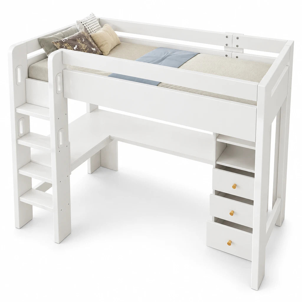 Hochbett mit Eckschreibtisch, USB und Schubladen 90x200 Lilla Kids