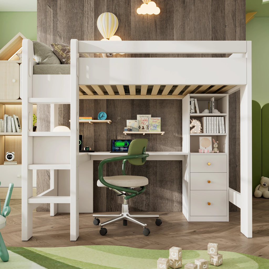 Hochbett mit Eckschreibtisch, USB und Schubladen 90x200 Lilla Kids