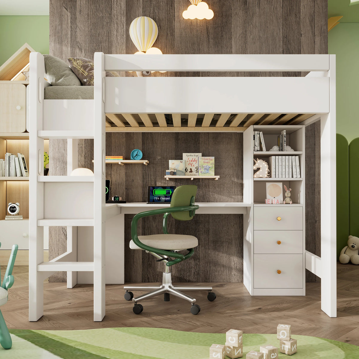 Hochbett mit Eckschreibtisch, USB und Schubladen 90x200 Lilla Kids