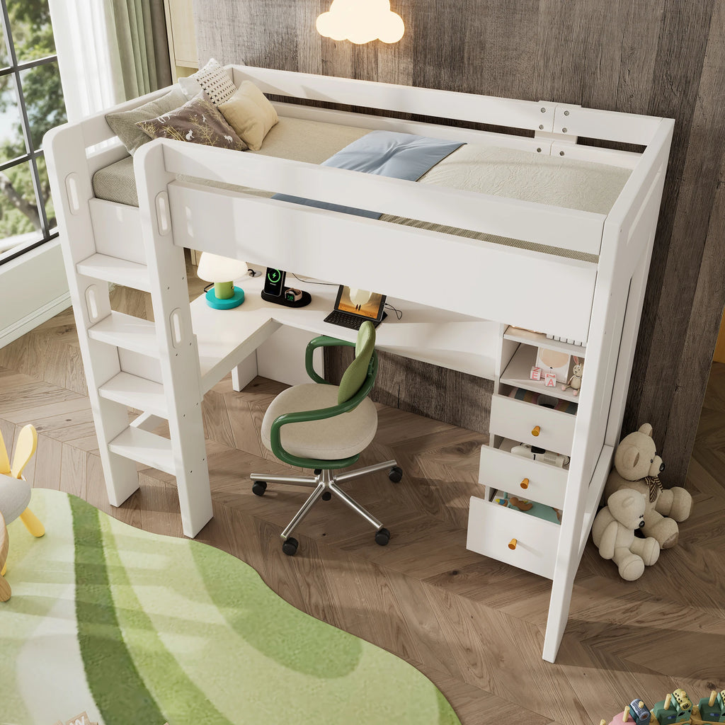 Hochbett mit Eckschreibtisch, USB und Schubladen 90x200 Lilla Kids