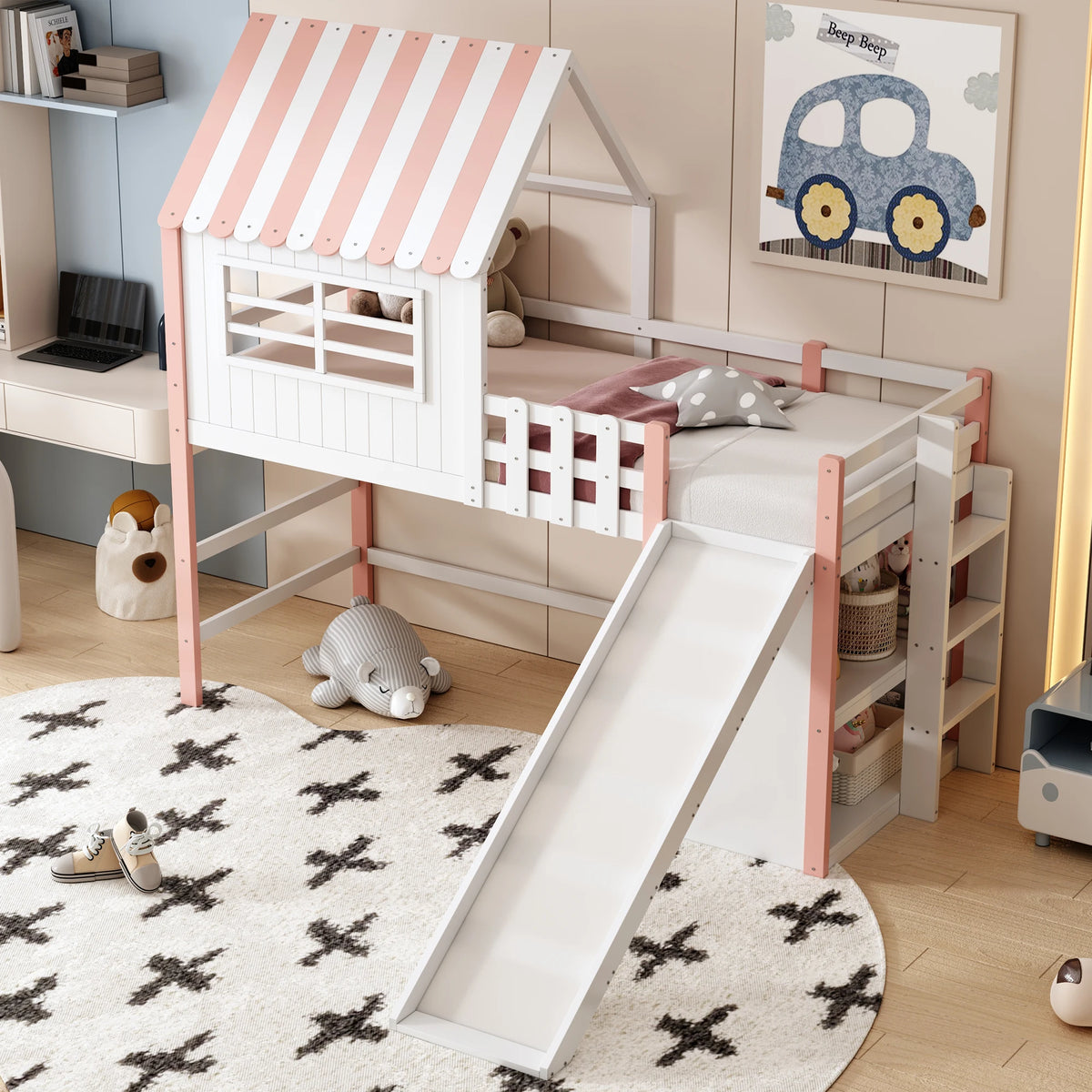 Hochbett mit Rutsche, Dach und viel Stauraum 90x200 Lilla Kids