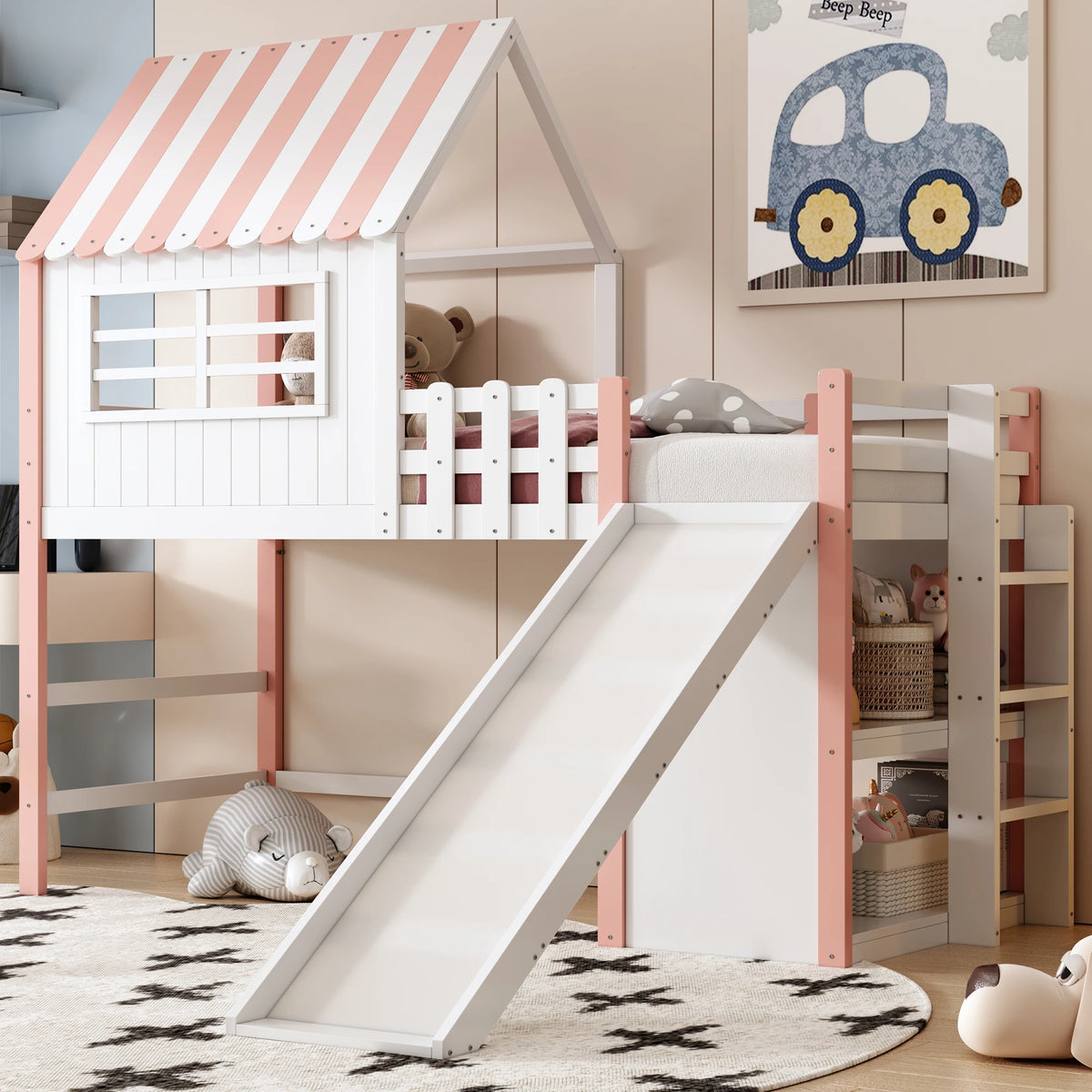 Hochbett mit Rutsche, Dach und viel Stauraum 90x200 Lilla Kids