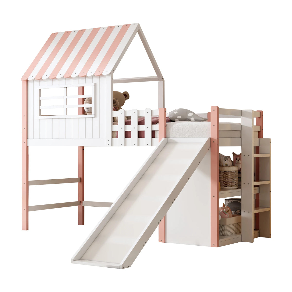 Hochbett mit Rutsche, Dach und viel Stauraum 90x200 Lilla Kids